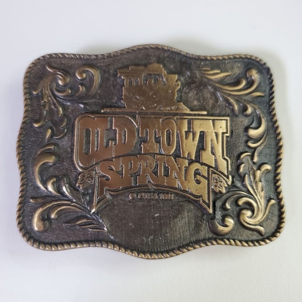 Vintage 1982 Old Town Spring Texas Train Belt Buckle TRG Co Brass Tone Western - Picture 2 of 6
